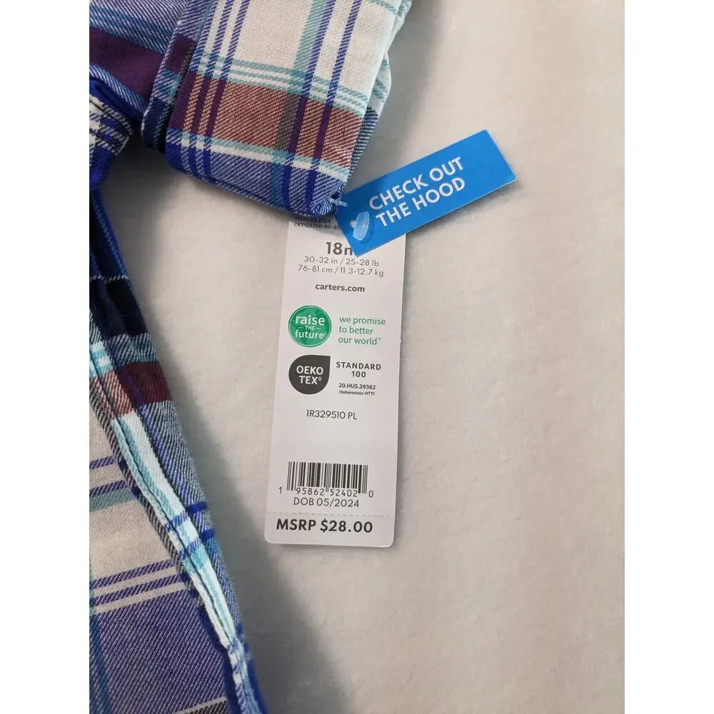 NWT Carter's Baby Boy 18 months Plaid Hooded‎ Button-Front Shirt Stylish Toddler